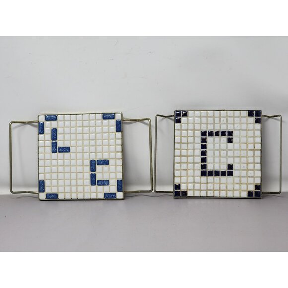 Vintage Mosaic Tile‎ Hot Plate Trivets With Brass Handles 2 White & Blue Design - Picture 1 of 11